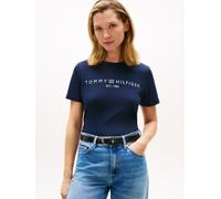 T-Shirt TOMMY HILFIGER "REG CORP LOGO C-NK SS", Damen, Gr. XL (42), blau (schwarz night navy), Jersey, Obermaterial: 100% Baumwolle, unifarben, casual, normal hüftlang, Rundhals, Kurzarm eingesetzt ab