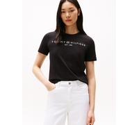 Kurzarmshirt TOMMY HILFIGER "REG CORP LOGO C-NK mit Logoschriftzug und Stickerei", Damen, Gr. XS (34), schwarz, Jersey, Obermaterial: 100% Baumwolle, bedruckt, unifarben, normal hüftlang, Rundhals, ei