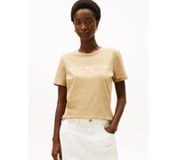 Kurzarmshirt TOMMY HILFIGER "REG CORP LOGO C-NK mit Logoschriftzug und Stickerei", Damen, Gr. XXL (44), driftwood taupe, Jersey, Obermaterial: 100% Baumwolle, bedruckt, normal hüftlang, Rundhals, eing