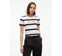 Kurzarmshirt TOMMY HILFIGER "SCRIPT REG C-NK SS T-SHIRT", Damen, Gr. 2X (50/52), braun (wide stp ecru, chocolate), Single Jersey, Obermaterial: 100% Baumwolle, gestreift, regular fit normal, Rundhals,
