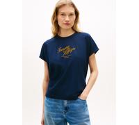 Kurzarmshirt TOMMY HILFIGER "SEASONAL SCRIPT CAP SLV TEE", Damen, Gr. L (42/44), schwarz night navy, Single Jersey, Obermaterial: 100% Baumwolle, bedruckt, unifarben mit Farbeinsatz, gerade normal, Ru