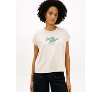 Kurzarmshirt TOMMY HILFIGER "SEASONAL SCRIPT CAP SLV TEE", Damen, Gr. M (40), heather oatmilk, Single Jersey, Obermaterial: 100% Baumwolle, bedruckt, meliert, gerade normal, Rundhals, Raglanärmel abge