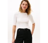 Kurzarmshirt TOMMY HILFIGER "SLIM 5X2 RIB C-NK 1/2 SLV mit Rundhals und Rippstruktur", Damen, Gr. S (36), beige (ivory silk), Single Jersey, Obermaterial: 95% Viskose, 5% Elasthan, unifarben, figurbet