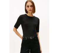 Kurzarmshirt TOMMY HILFIGER "SLIM 5X2 RIB C-NK 1/2 SLV mit Rundhals und Rippstruktur", Damen, Gr. S (36), schwarz, Single Jersey, Obermaterial: 95% Viskose, 5% Elasthan, unifarben, figurbetont normal,