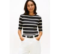 Kurzarmshirt TOMMY HILFIGER "SLIM 5X2 RIB C-NK 1/2 SLV mit Rundhals und Rippstruktur", Damen, Gr. XL (42), schwarz, calico stp, Single Jersey, Obermaterial: 95% Viskose, 5% Elasthan, gestreift, figurb