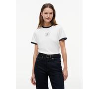 Kurzarmshirt TOMMY HILFIGER "TH ROUNDAL REG C-NK SS TEE", Damen, Gr. M (40), ecru, Single Jersey, Obermaterial: 65% Lyocell, 32% Baumwolle, 3% Elasthan, unifarben mit Farbeinsatz, regular fit normal,