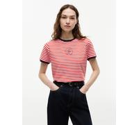 Kurzarmshirt TOMMY HILFIGER "TH ROUNDAL REG C-NK SS TEE", Damen, Gr. XS (34), rot (breton fire rot, ecru stp), Single Jersey, Obermaterial: 65% Lyocell, 32% Baumwolle, 3% Elasthan, gemustert, gestreif