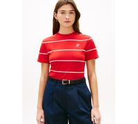 Kurzarmshirt TOMMY HILFIGER "TH SCRIPT REGULAR C-NECK SHORT SLEEVE TEE", Damen, Gr. XL (46), fine stp fireworks, pink, Single Jersey, Obermaterial: 95% Baumwolle, 5% Elasthan, gestreift, gerade normal