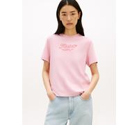 Kurzarmshirt TOMMY HILFIGER "TILT GRAPHIC REG C-NK SS TEE", Damen, Gr. L (42/44), pink, Single Jersey, Obermaterial: 100% Baumwolle, bedruckt, unifarben, normal, Rundhals, Shirts, mit großem Logo-Prin