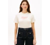 Kurzarmshirt TOMMY HILFIGER "TILT GRAPHIC REG C-NK SS TEE", Damen, Gr. S (36/38), calico, Single Jersey, Obermaterial: 100% Baumwolle, bedruckt, unifarben, normal, Rundhals, Shirts, mit großem Logo-Pr