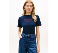 Kurzarmshirt TOMMY HILFIGER "TILT GRAPHIC REG C-NK SS TEE", Damen, Gr. XS (34), schwarz night navy, Single Jersey, Obermaterial: 100% Baumwolle, bedruckt, unifarben, normal, Rundhals, Shirts, mit groß