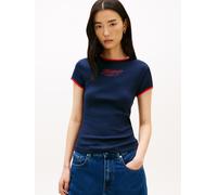 Kurzarmshirt TOMMY HILFIGER "TILT GRAPHIC SLIM C-NK SS TEE", Damen, Gr. S (36/38), schwarz night navy, Single Jersey, Obermaterial: 100% Baumwolle, unifarben, slim fit normal, Rundhals, Shirts (341262