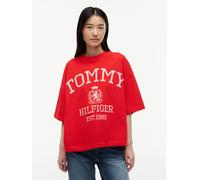 Kurzarmshirt TOMMY HILFIGER "VARSITY CREST RLX SS T-SHIRT", Damen, Gr. XL (46), rot (fire rot), Single Jersey, Obermaterial: 100% Baumwolle, bedruckt, relaxed fit normal, Rundhals, Shirts, Baumwolle,