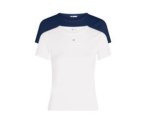Kurzarmshirt TOMMY JEANS "TJW 2PACK SLIM ESSENTIAL RIB SS", Damen, Gr. L (40), blau (ecru, schwarz night navy), Feinripp, Obermaterial: 95% Baumwolle, 5% Elasthan, gestreift, slim fit hüftlang, Rundha