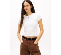 Kurzarmshirt TOMMY JEANS "TJW 2PACK SLIM ESSENTIAL RIB SS", Damen, Gr. L (40), weiß (ecru, schwarz, weiß stripe), Feinripp, Obermaterial: 95% Baumwolle, 5% Elasthan, gestreift, slim fit hüftlang, Rund