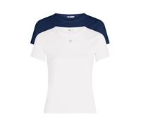 Kurzarmshirt TOMMY JEANS "TJW 2PACK SLIM ESSENTIAL RIB SS", Damen, Gr. M (38), blau (ecru, schwarz night navy), Single Jersey, Obermaterial: 95% Baumwolle, 5% Elasthan, gestreift, casual, slim fit hüf