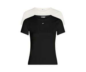 Kurzarmshirt TOMMY JEANS "TJW 2PACK SLIM ESSENTIAL RIB SS", Damen, Gr. XS (34), beige (ecru, schwarz), Feinripp, Obermaterial: 95% Baumwolle, 5% Elasthan, gestreift, slim fit hüftlang, Rundhals, abges