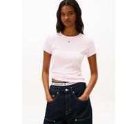 Kurzarmshirt TOMMY JEANS "TJW ESSENTIAL RIB SHORT SLEEVE EXT", Damen, Gr. L (40), light pink, Single Jersey, Obermaterial: 95% Baumwolle, 5% Elasthan, gestreift, slim fit hüftlang, Rundhals, abgestepp
