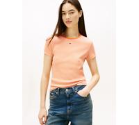 Kurzarmshirt TOMMY JEANS "TJW ESSENTIAL RIB SHORT SLEEVE EXT", Damen, Gr. L (40), orange, ecru stripe, Single Jersey, Obermaterial: 95% Baumwolle, 5% Elasthan, gestreift, slim fit hüftlang, Rundhals,