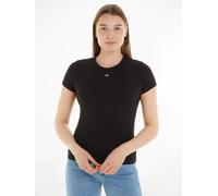 Kurzarmshirt TOMMY JEANS "TJW ESSENTIAL RIB SHORT SLEEVE EXT", Damen, Gr. L (40), schwarz, Single Jersey, Obermaterial: 95% Baumwolle, 5% Elasthan, unifarben, slim fit hüftlang, Rundhals, abgesteppte