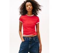 Kurzarmshirt TOMMY JEANS "TJW ESSENTIAL RIB SHORT SLEEVE EXT", Damen, Gr. S (36), rot alert, Single Jersey, Obermaterial: 95% Baumwolle, 5% Elasthan, gestreift, slim fit hüftlang, Rundhals, abgesteppt