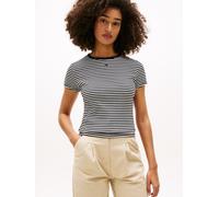 Kurzarmshirt TOMMY JEANS "TJW ESSENTIAL RIB SHORT SLEEVE EXT", Damen, Gr. XL (42), schwarz, ecru stripe, Single Jersey, Obermaterial: 95% Baumwolle, 5% Elasthan, gestreift, slim fit hüftlang, Rundhals