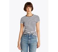 Kurzarmshirt TOMMY JEANS "TJW ESSENTIAL RIB SHORT SLEEVE EXT", Damen, Gr. XS (34), blau (schwarz night navy stripes), Single Jersey, Obermaterial: 95% Baumwolle, 5% Elasthan, gestreift, slim fit hüftl