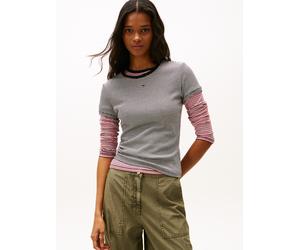Kurzarmshirt TOMMY JEANS "TJW ESSENTIAL RIB SHORT SLEEVE EXT", Damen, Gr. XXL (44), schwarz-weiß (schwarz, weiß stripe), Single Jersey, Obermaterial: 95% Baumwolle, 5% Elasthan, gestreift, slim fit hü