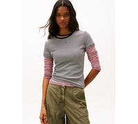 Kurzarmshirt TOMMY JEANS "TJW ESSENTIAL RIB SHORT SLEEVE EXT", Damen, Gr. XXL (44), schwarz, weiß stripe, Single Jersey, Obermaterial: 95% Baumwolle, 5% Elasthan, gestreift, slim fit hüftlang, Rundhal