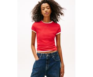 Kurzarmshirt TOMMY JEANS "TJW ESSENTIAL RIB SHORT SLEEVE EXT", Damen, Gr. XXXL(46), rot (rot alert), Single Jersey, Obermaterial: 95% Baumwolle, 5% Elasthan, gestreift, slim fit hüftlang, Rundhals, ab