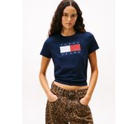 Kurzarmshirt TOMMY JEANS "TJW REG TJ FLAG SS TEE", Damen, Gr. M (38), blau (schwarz night navy), Single Jersey, Obermaterial: 100% Baumwolle, bedruckt, regular fit, Rundhals, Shirts (51273656-M) schwa