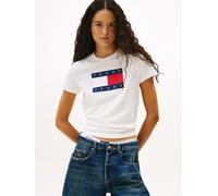 Kurzarmshirt TOMMY JEANS "TJW REG TJ FLAG SS TEE", Damen, Gr. S (36/38), beige (ecru), Single Jersey, Obermaterial: 100% Baumwolle, bedruckt, regular fit, Rundhals, Shirts (39716602-S) ecru