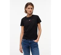 Kurzarmshirt TOMMY JEANS "TJW REG US LINEAR SS TEE", Damen, Gr. L (42/44), schwarz, Single Jersey, Obermaterial: 70% Baumwolle, 30% Viskose, bedruckt, regular fit normal, Rundhals, Shirts, Baumwollmis
