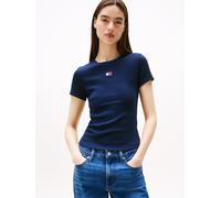 Kurzarmshirt TOMMY JEANS "TJW SLIM BADGE RIB TEE", Damen, Gr. L (40), blau (schwarz night navy), Single Jersey, Obermaterial: 95% Baumwolle, 5% Elasthan, unifarben, slim fit normal, Rundhals, abgestep