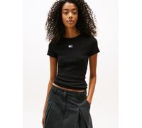 T-Shirt TOMMY JEANS "TJW SLIM BADGE RIB TEE", Damen, Gr. L (40), schwarz, Rippware, Obermaterial: 95% Baumwolle, 5% Elasthan, unifarben, casual, slim fit kurz, Rundhals, Kurzarm abgesteppt, Shirts, in