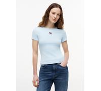 Kurzarmshirt TOMMY JEANS "TJW SLIM BADGE RIB TEE", Damen, Gr. L (42/44), kingly blau, Single Jersey, Obermaterial: 95% Baumwolle, 5% Elasthan, unifarben, slim fit kurz, Rundhals, abgesteppt, Shirts, m