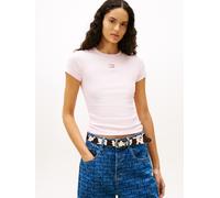 Kurzarmshirt TOMMY JEANS "TJW SLIM BADGE RIB TEE", Damen, Gr. M (38), light pink, Single Jersey, Obermaterial: 95% Baumwolle, 5% Elasthan, unifarben, slim fit normal, Rundhals, abgesteppt, Shirts, mit