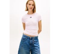 Kurzarmshirt TOMMY JEANS "TJW SLIM BADGE RIB TEE", Damen, Gr. M (38), pearly pink, Single Jersey, Obermaterial: 95% Baumwolle, 5% Elasthan, unifarben, slim fit normal, Rundhals, abgesteppt, Shirts, mi