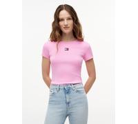 Kurzarmshirt TOMMY JEANS "TJW SLIM BADGE RIB TEE", Damen, Gr. S (36/38), pink (pink daisy), Single Jersey, Obermaterial: 95% Baumwolle, 5% Elasthan, unifarben, slim fit kurz, Rundhals, abgesteppt, Shi