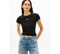 Kurzarmshirt TOMMY JEANS "TJW SLIM BADGE RIB TEE", Damen, Gr. S (36), schwarz, Single Jersey, Obermaterial: 95% Baumwolle, 5% Elasthan, unifarben, slim fit normal, Rundhals, abgesteppt, Shirts, mit ge