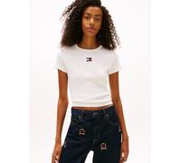 Kurzarmshirt TOMMY JEANS "TJW SLIM BADGE RIB TEE", Damen, Gr. XS (34), beige (ecru), Single Jersey, Obermaterial: 95% Baumwolle, 5% Elasthan, unifarben, slim fit normal, Rundhals, abgesteppt, Shirts,