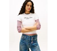 Kurzarmshirt TOMMY JEANS "TJW SLIM ESS LOGO 1 RIB TEE EXT", Damen, Gr. S (36), ecru, Single Jersey, Obermaterial: 95% Baumwolle, 5% Elasthan, bedruckt, figurbetont, Rundhals, Shirts, in gerippter Stru