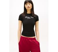 Kurzarmshirt TOMMY JEANS "TJW SLIM ESS LOGO 1 RIB TEE EXT", Damen, Gr. S (36), schwarz, Single Jersey, Obermaterial: 95% Baumwolle, 5% Elasthan, bedruckt, figurbetont, Rundhals, Shirts, in gerippter S
