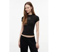 Kurzarmshirt TOMMY JEANS "TJW SLIM ESS LOGO2 RIB TEE EXT", Damen, Gr. M (40), schwarz, Single Jersey, Obermaterial: 95% Baumwolle, 5% Elasthan, bedruckt, figurbetont normal, Rundhals, Shirts, Baumwoll