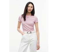 Kurzarmshirt TOMMY JEANS "TJW SLIM ESSENTIAL RIB SS EXT", Damen, Gr. M (40), pink (pink sugar, stripe), Single Jersey, Obermaterial: 95% Baumwolle, 5% Elasthan, gestreift, slim fit kurz, Rundhals, abg
