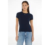 T-Shirt TOMMY JEANS "Slim Essential Rib Shirt, Rippshirt Rundhalsshirt" Gr. XS (34), blau (dark night navy) Damen Shirts Jersey in Rippoptik, mit Logostickerei (85890332-XS) dark night navy
