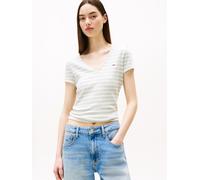 Kurzarmshirt TOMMY JEANS "TJW SLIM ESSENTIAL RIB V SHORT SLEEVE", Damen, Gr. L (40), misty sage, stripe, Feinripp, Obermaterial: 95% Baumwolle, 5% Elasthan, gestreift, slim fit kurz, tiefer V-Ausschni