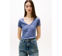 Kurzarmshirt TOMMY JEANS "TJW SLIM ESSENTIAL RIB V SS", Damen, Gr. M (38), blau moment, Single Jersey, Obermaterial: 95% Baumwolle, 5% Elasthan, unifarben, casual, slim fit kurz, tiefer V-Ausschnitt,