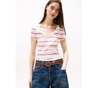 Kurzarmshirt TOMMY JEANS "TJW SLIM ESSENTIAL RIB V SHORT SLEEVE", Damen, Gr. S (36), ancient weiß, cerise stripe, Feinripp, Obermaterial: 95% Baumwolle, 5% Elasthan, gestreift, slim fit kurz, tiefer V