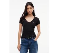 Tommy Jeans T-Shirt Slim Essential Rippshirt V-Ausschnitt Damen Schwarz XL (42)